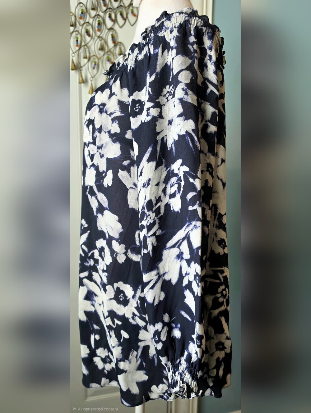 Lafayette 148 New York Raelyn Off-Shoulder Blouse Womens M Navy White Floral Flo - Picture 3 of 13